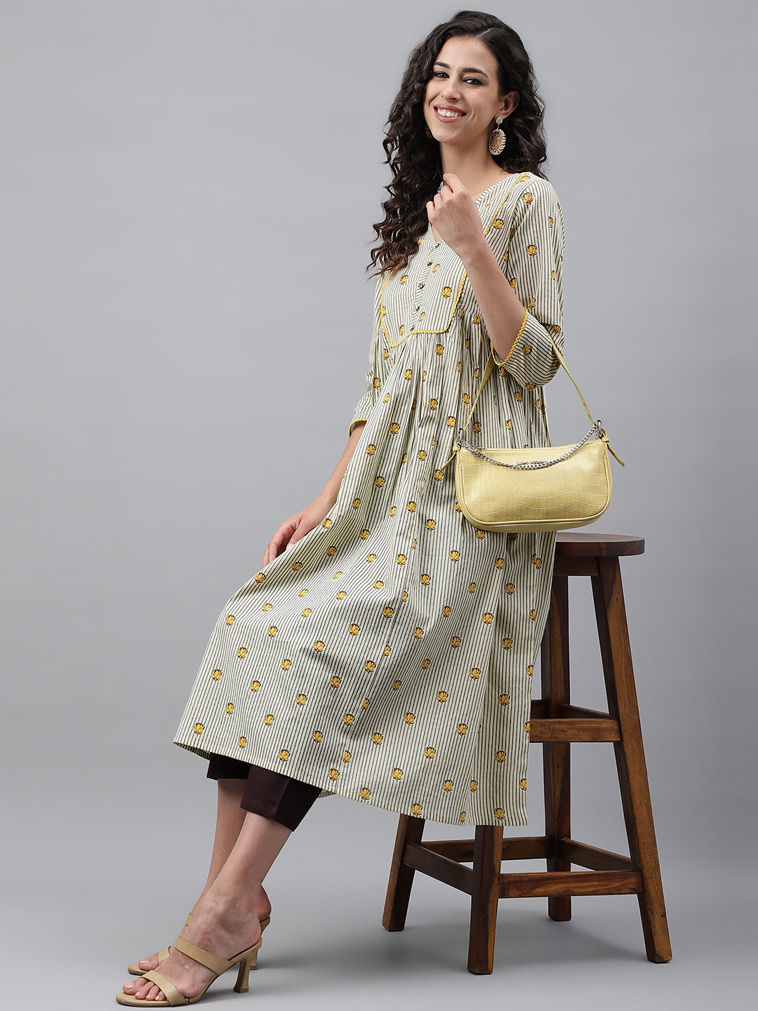 Janasya Women's Light Yellow Cotton Floral Printed Party Flared Kurta - Distacart