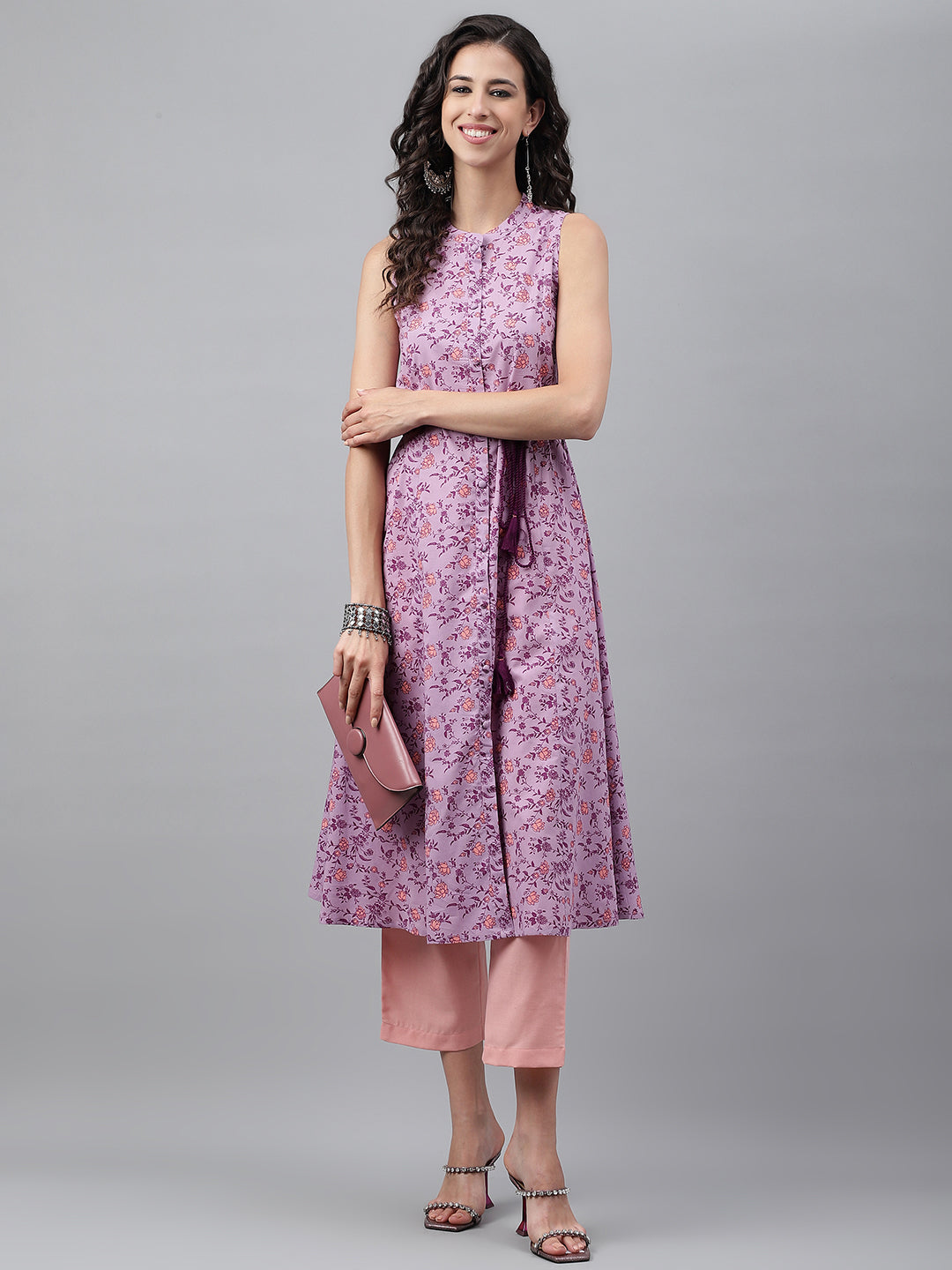 Janasya Women's Lavender Cotton Floral Printed Casual A-Line Kurta - Distacart