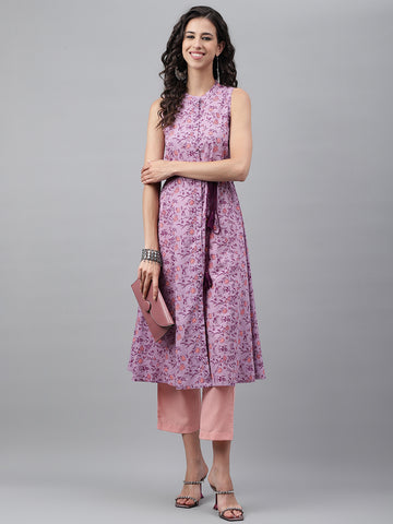Janasya Women's Lavender Cotton Floral Printed Casual A-Line Kurta - Distacart