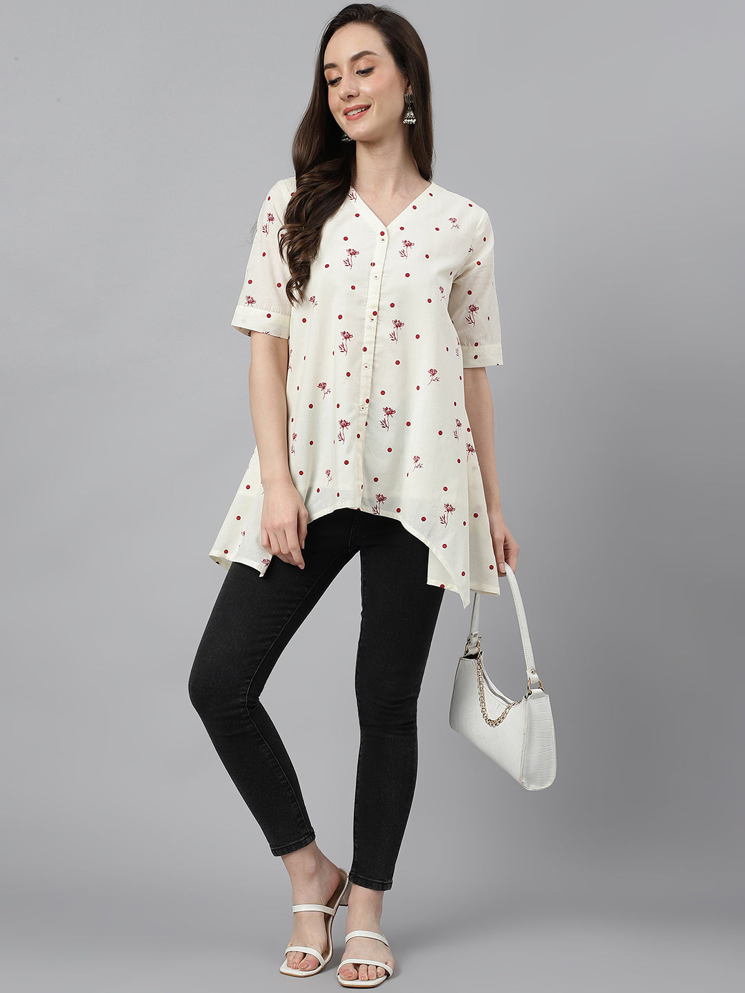 Janasya Women's Off White Cambric Cotton Botanical Print Asymmetric Top - Distacart