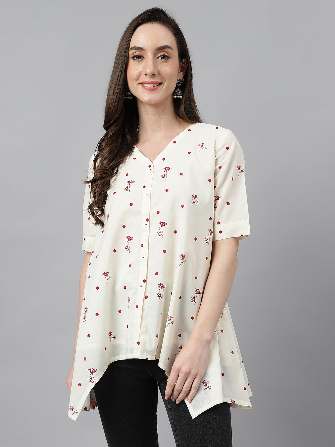 Janasya Women's Off White Cambric Cotton Botanical Print Asymmetric Top - Distacart