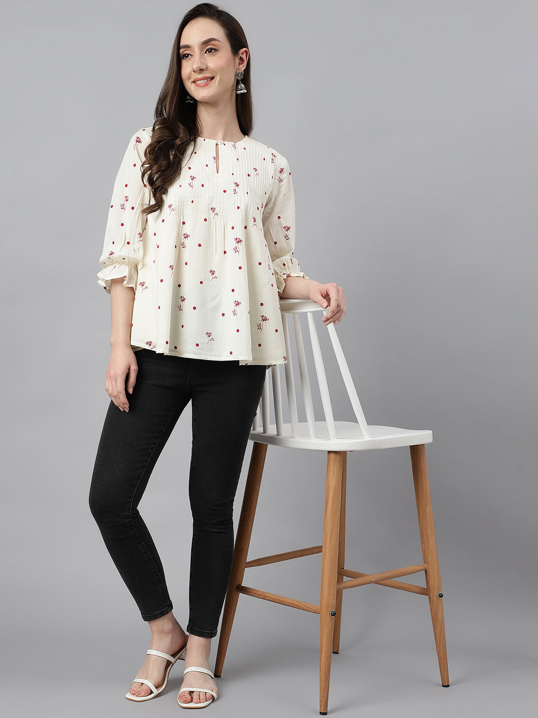 Janasya Women's Off White Cambric Cotton Botanical Print Flared Top - Distacart