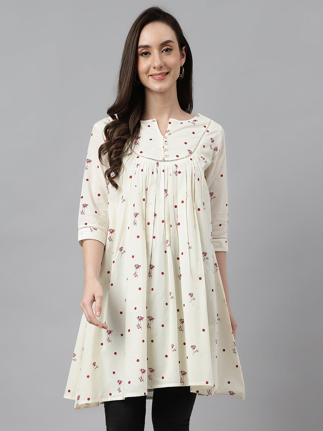 Janasya Women's Off White Cambric Cotton Botanical Print Flared Tunic - Distacart