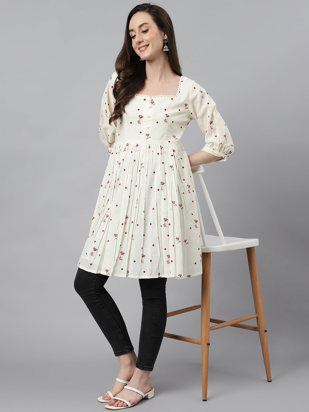 Janasya Women's Off White Cambric Cotton Botanical Print Flared Tunic - Distacart