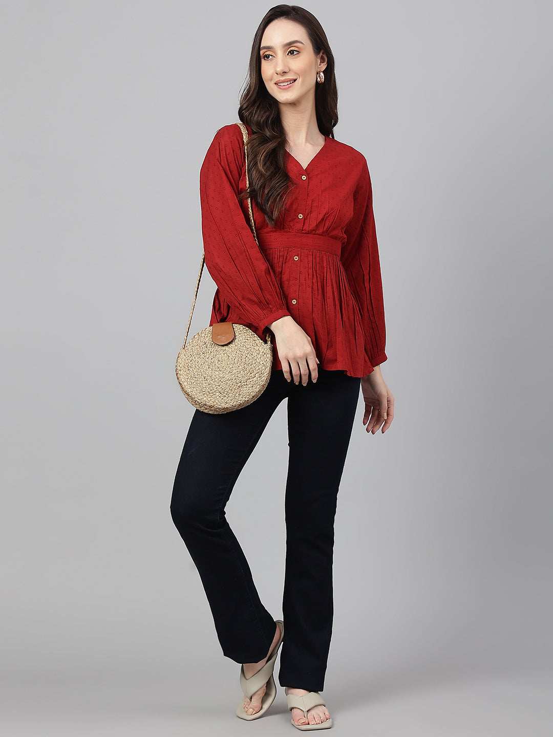Janasya Women's Maroon Dobby Cotton Solid Peplum Top - Distacart