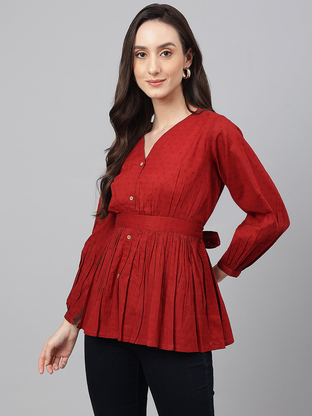 Janasya Women's Maroon Dobby Cotton Solid Peplum Top - Distacart