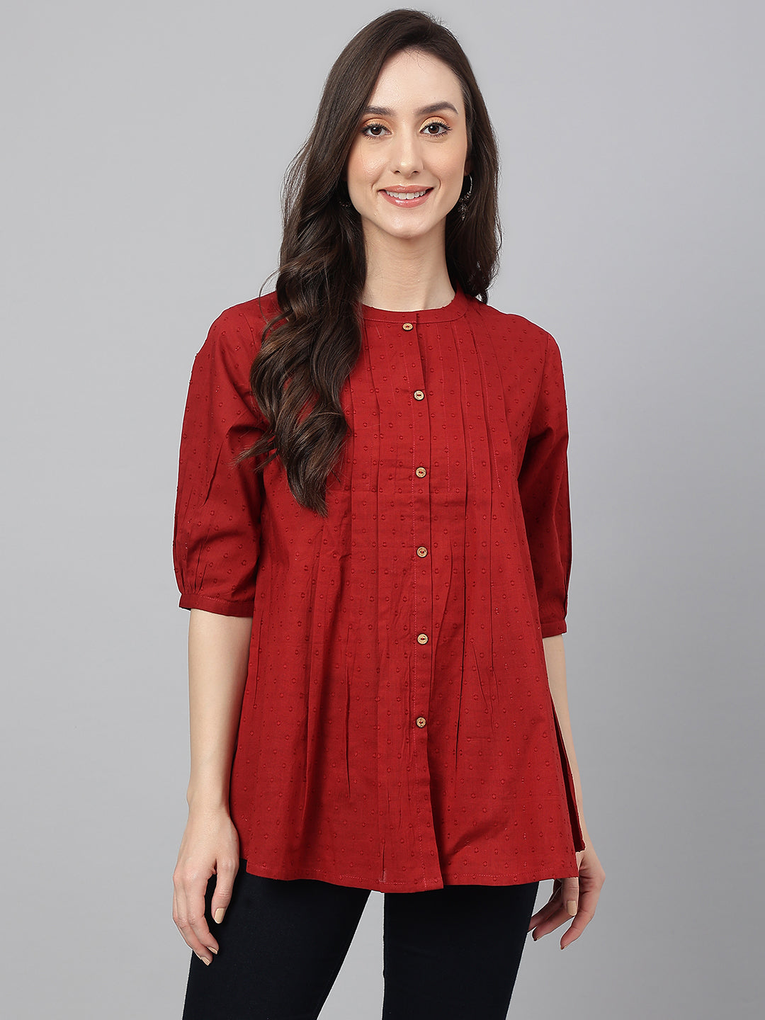 Janasya Women's Maroon Cotton Dobby Solid Flared Top - Distacart