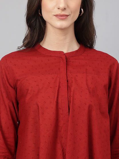 Janasya Women's Maroon Dobby Cotton Solid A-Line Tunic - Distacart