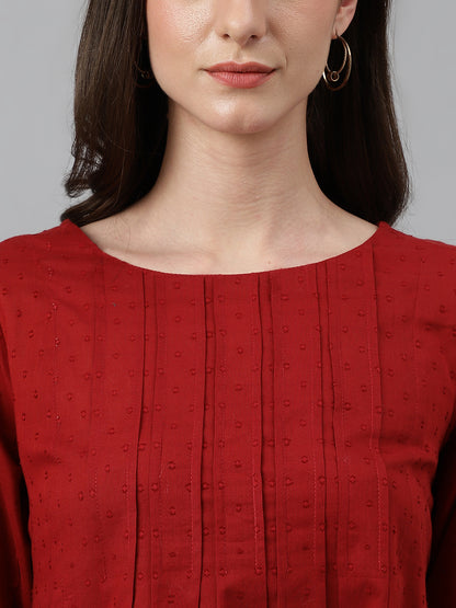 Janasya Women's Maroon Dobby Cotton Solid Handkerchief Tunic - Distacart