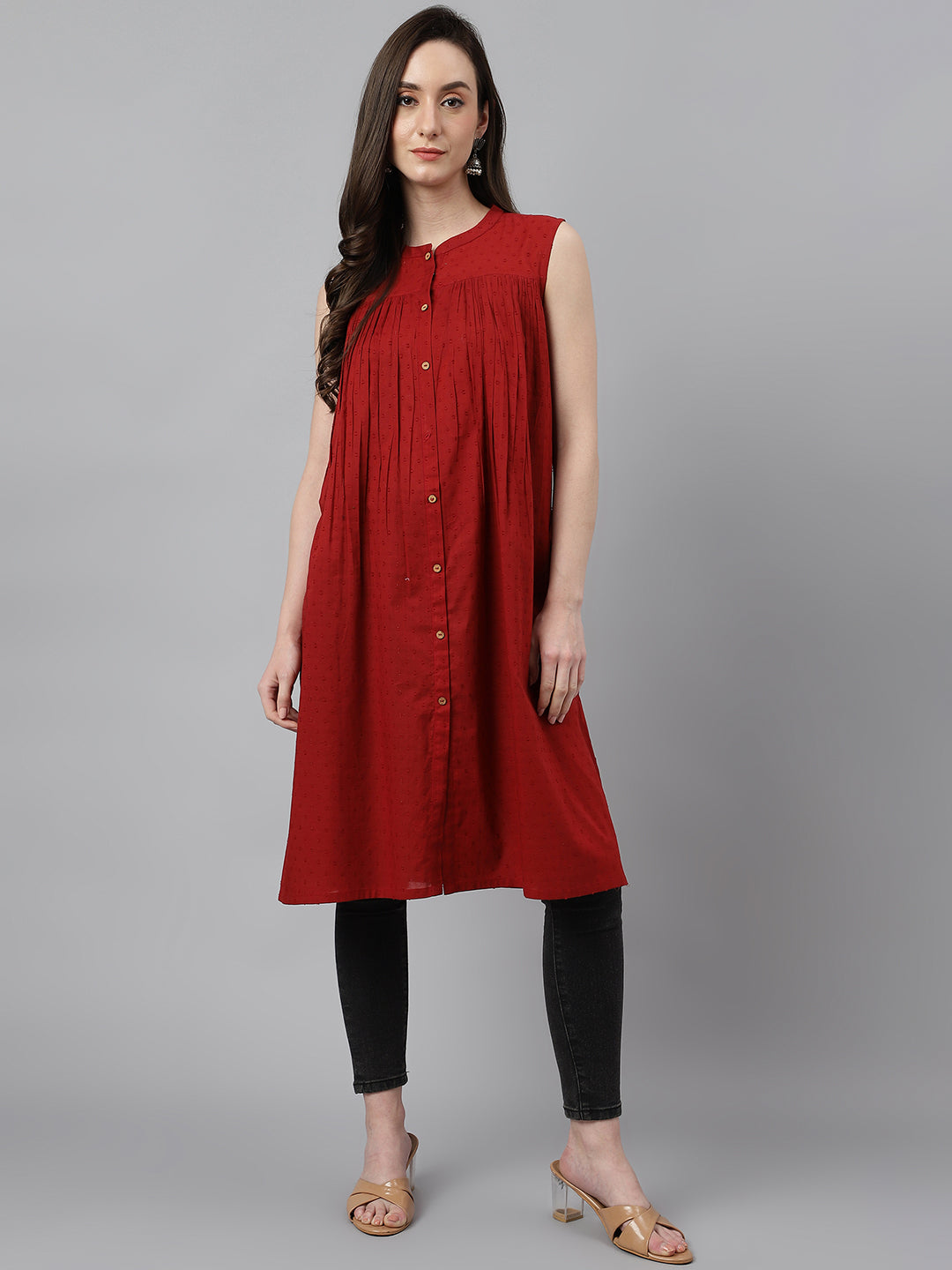 Janasya Women's Maroon Dobby Cotton Solid Casual Gathered Tunic - Distacart