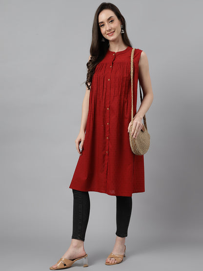 Janasya Women's Maroon Dobby Cotton Solid Casual Gathered Tunic - Distacart