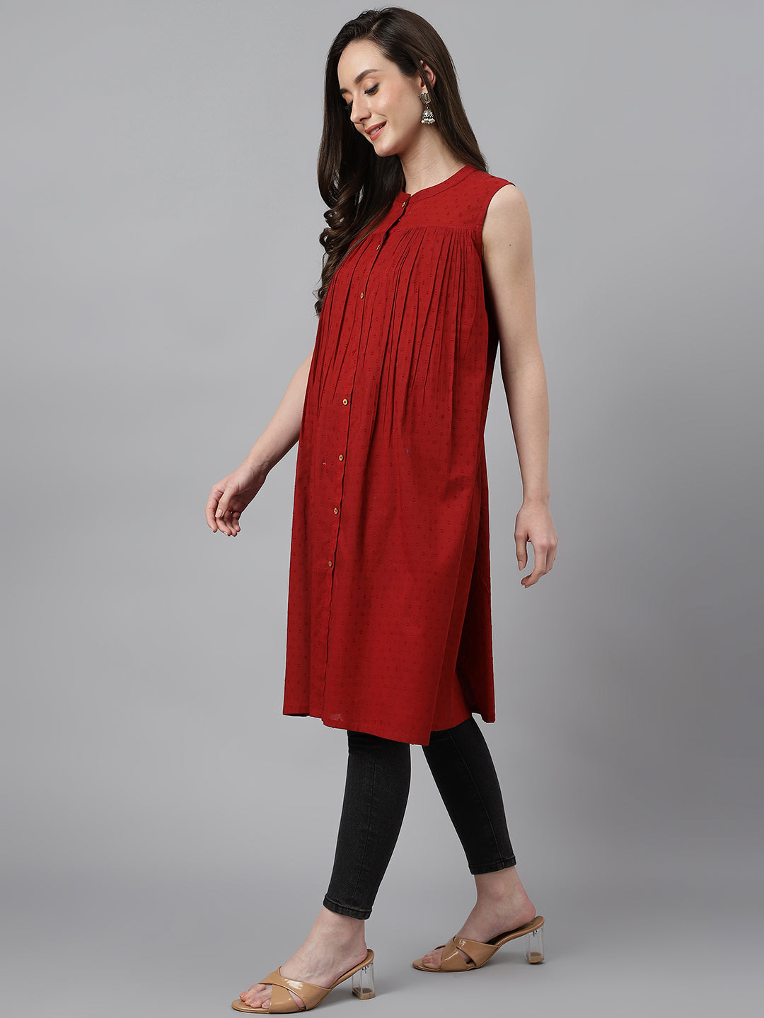 Janasya Women's Maroon Dobby Cotton Solid Casual Gathered Tunic - Distacart