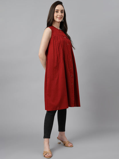 Janasya Women's Maroon Dobby Cotton Solid Casual Gathered Tunic - Distacart