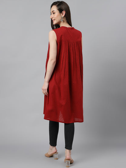 Janasya Women's Maroon Dobby Cotton Solid Casual Gathered Tunic - Distacart