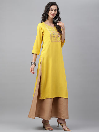 Janasya Women's Mustard Poly Rayon Solid Casual Straight Kurta - Distacart