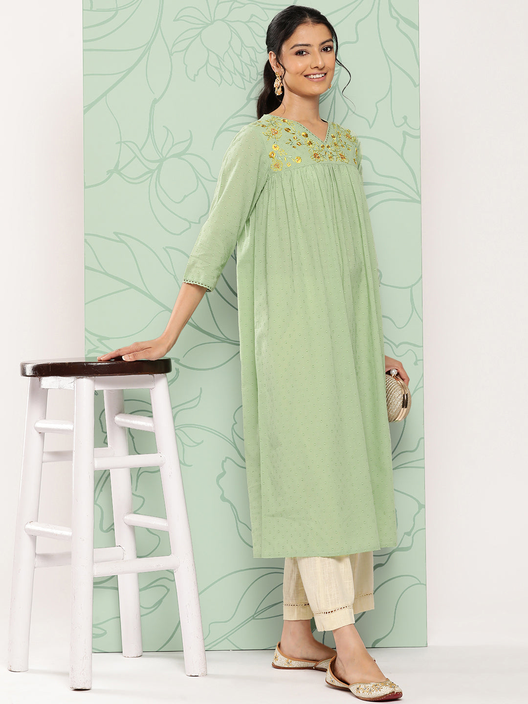 Janasya Women's Sage Green Dobby Cotton Solid Casual Empire Kurta - Distacart