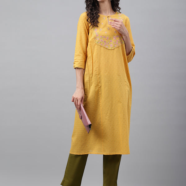 Janasya Women's Yellow Dobby Cotton Solid Casual A-Line Kurta - Distacart
