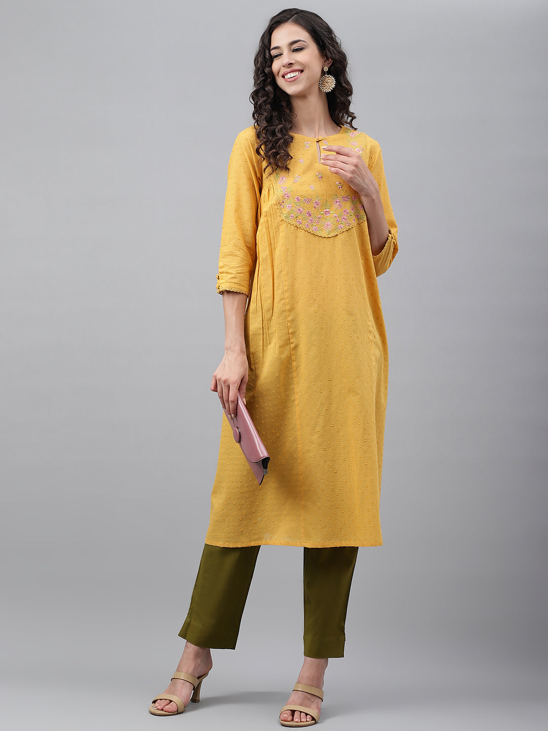 Janasya Women's Yellow Dobby Cotton Solid Casual A-Line Kurta - Distacart