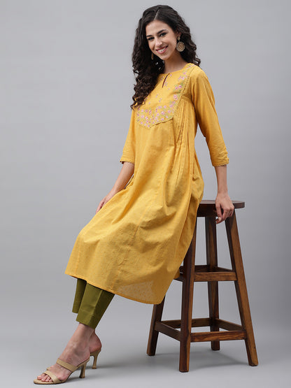 Janasya Women's Yellow Dobby Cotton Solid Casual A-Line Kurta - Distacart