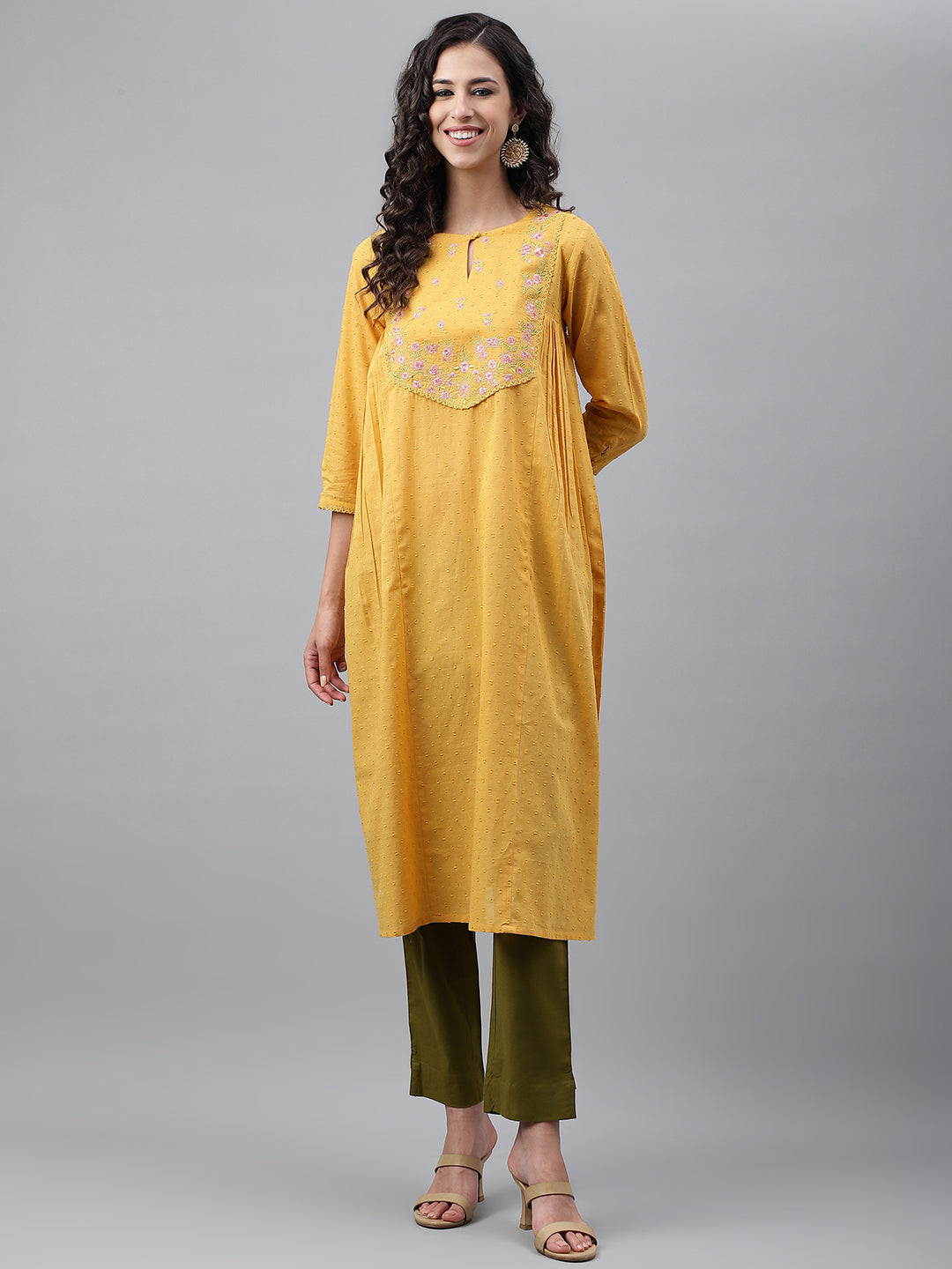 Janasya Women's Yellow Dobby Cotton Solid Casual A-Line Kurta - Distacart