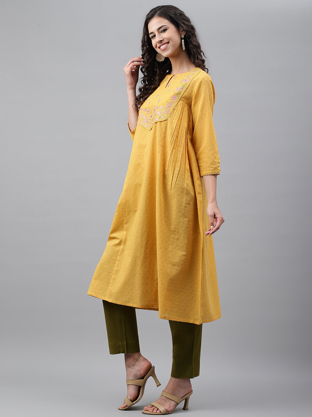 Janasya Women's Yellow Dobby Cotton Solid Casual A-Line Kurta - Distacart