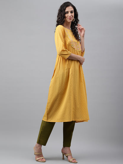 Janasya Women's Yellow Dobby Cotton Solid Casual A-Line Kurta - Distacart