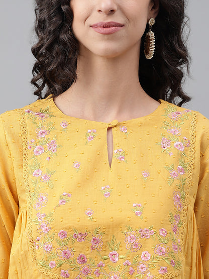 Janasya Women's Yellow Dobby Cotton Solid Casual A-Line Kurta - Distacart