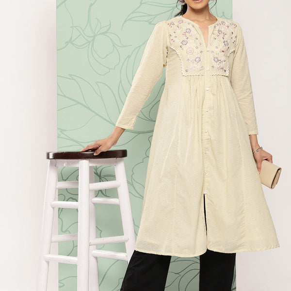 Janasya Women's Off White Dobby Cotton Solid Casual A-Line Kurta - Distacart