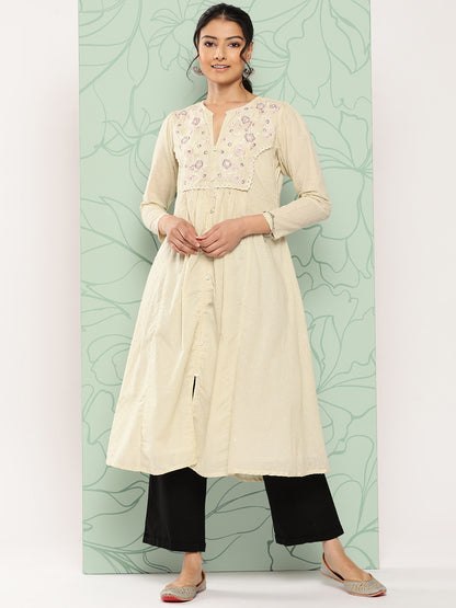 Janasya Women's Off White Dobby Cotton Solid Casual A-Line Kurta - Distacart
