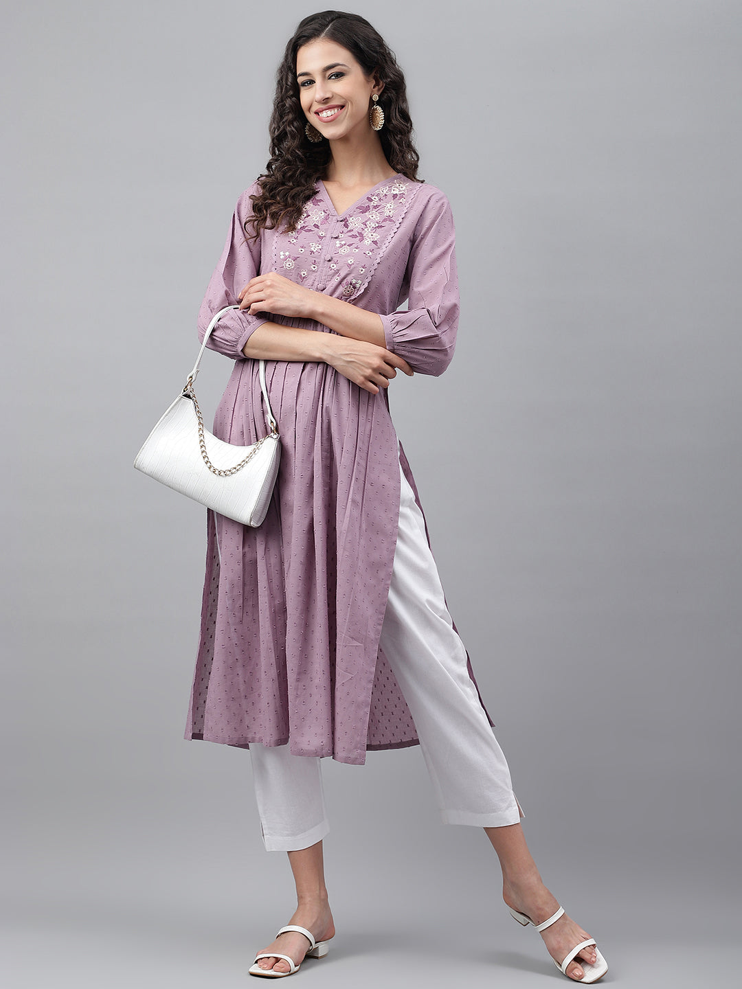 Janasya Women's Lavender Dobby Cotton Solid Casual Gathered Kurta - Distacart