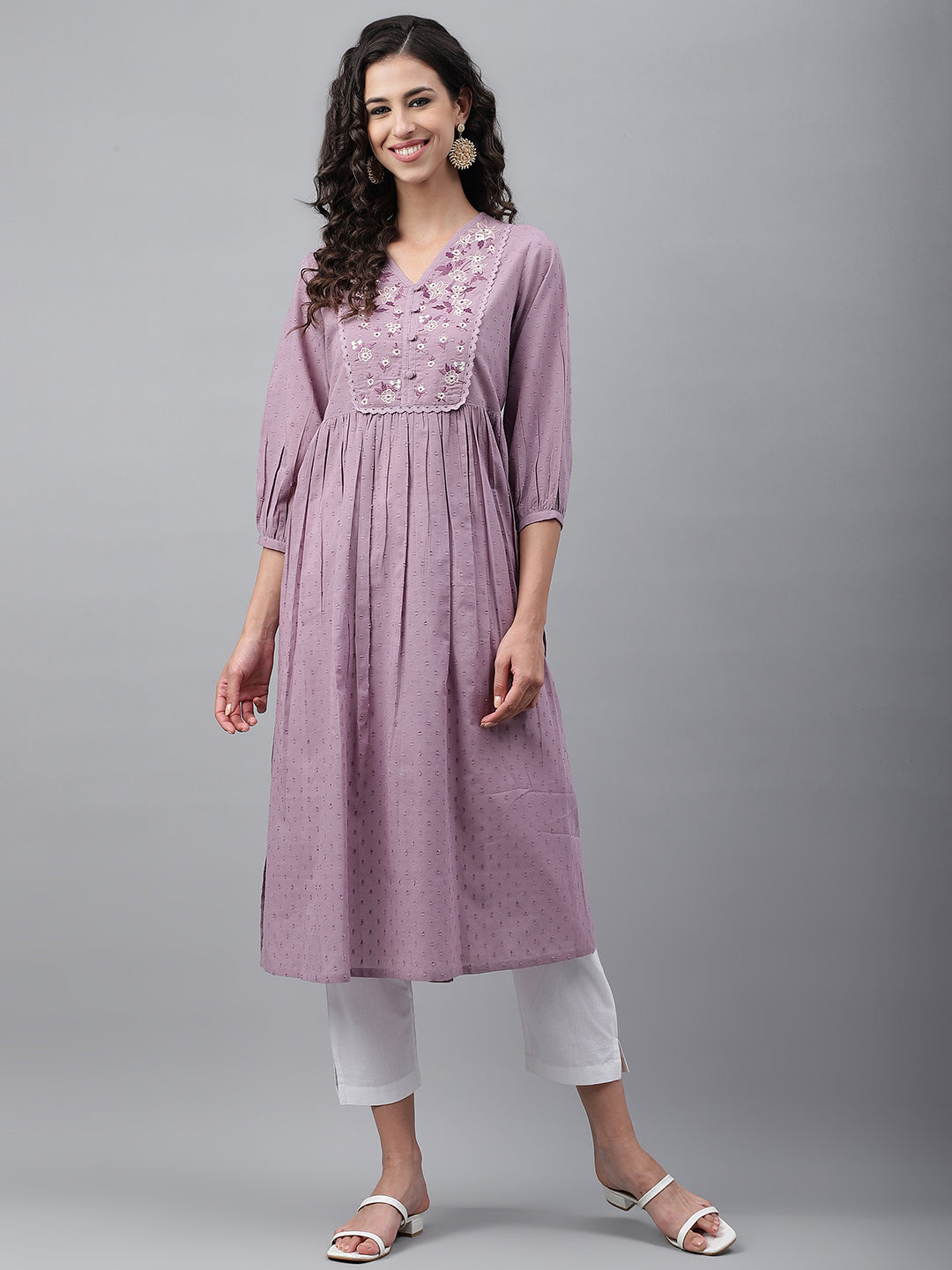 Janasya Women's Lavender Dobby Cotton Solid Casual Gathered Kurta - Distacart