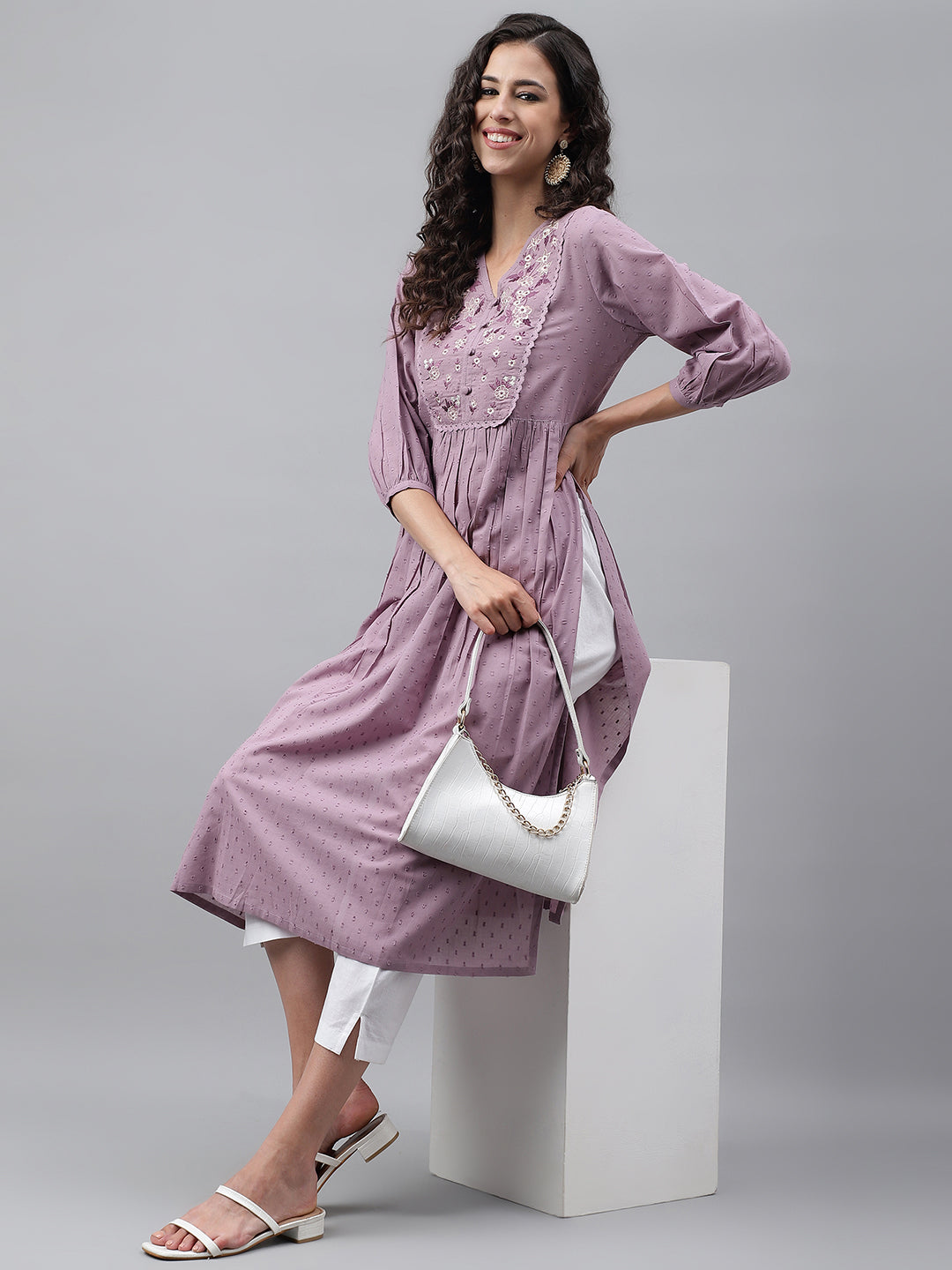 Janasya Women's Lavender Dobby Cotton Solid Casual Gathered Kurta - Distacart