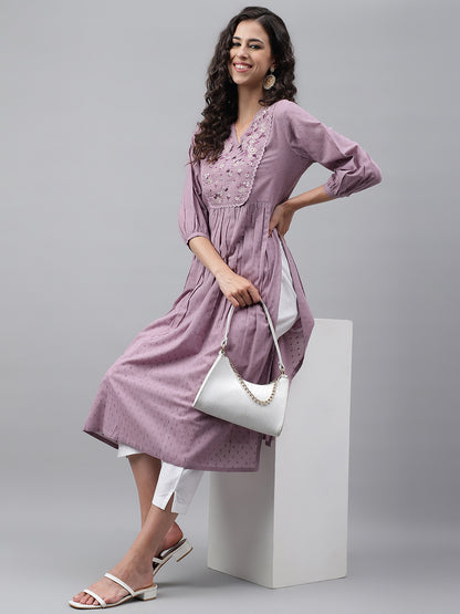 Janasya Women's Lavender Dobby Cotton Solid Casual Gathered Kurta - Distacart