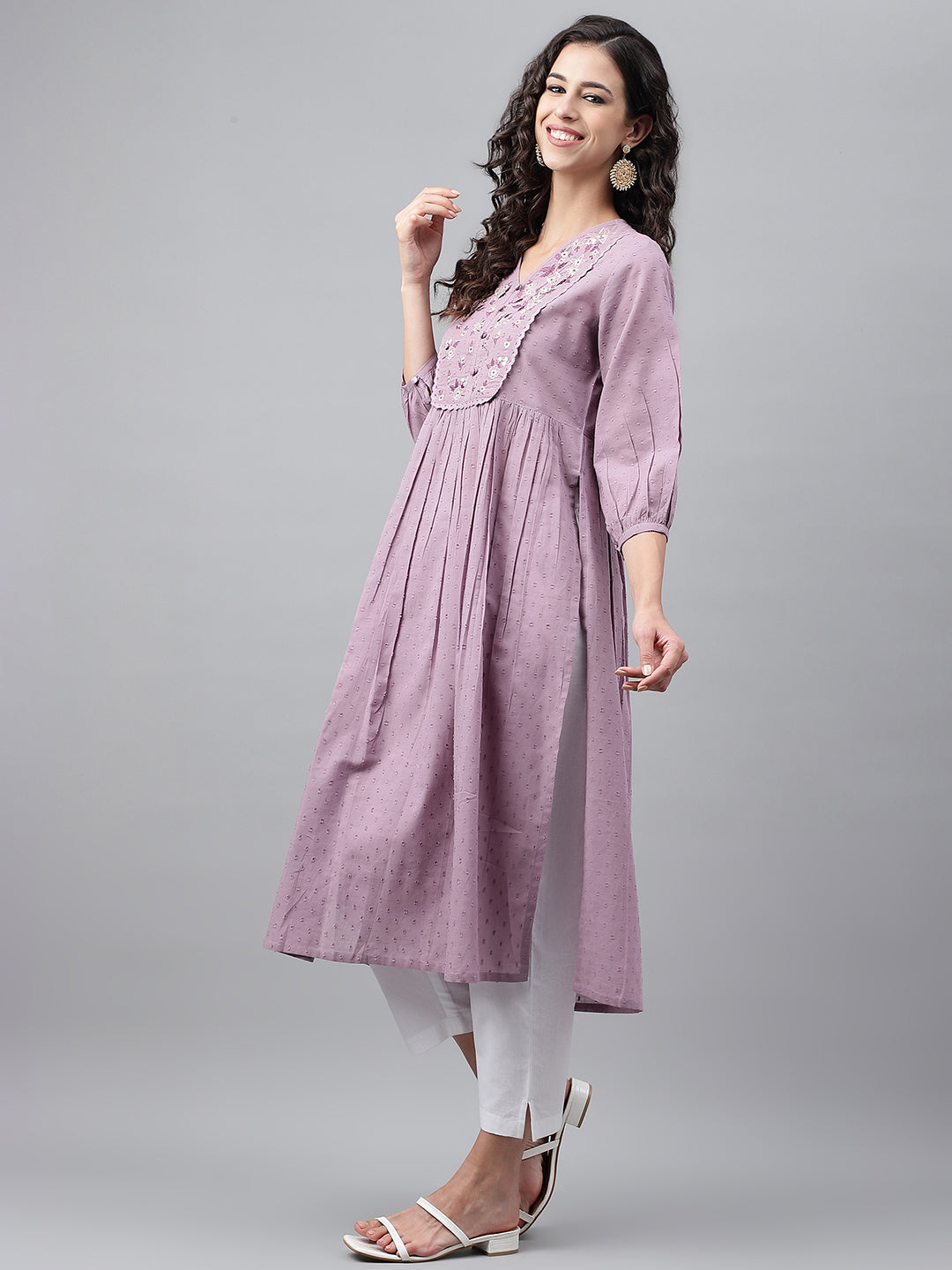 Janasya Women's Lavender Dobby Cotton Solid Casual Gathered Kurta - Distacart