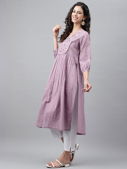 Janasya Women's Lavender Dobby Cotton Solid Casual Gathered Kurta - Distacart