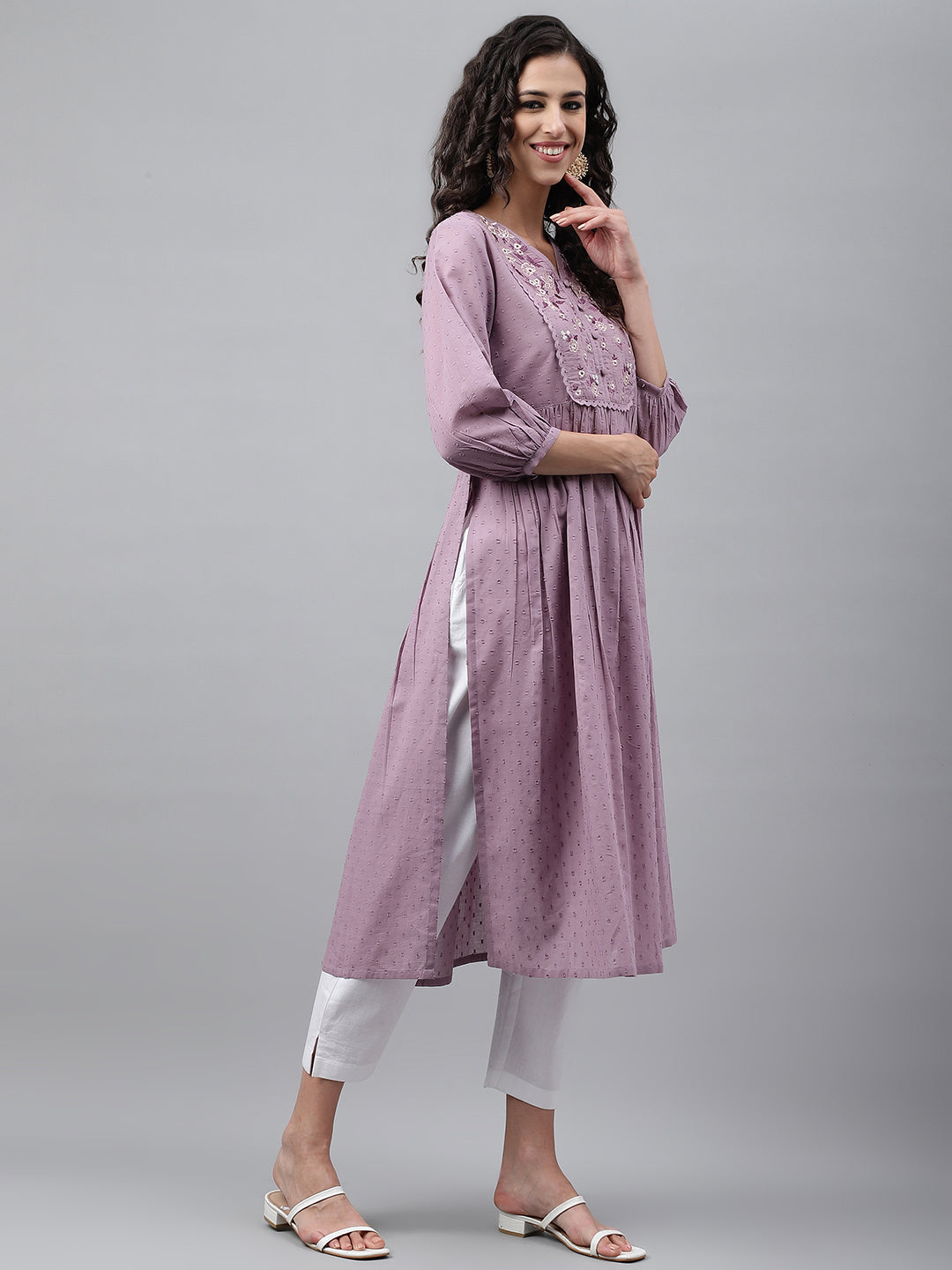 Janasya Women's Lavender Dobby Cotton Solid Casual Gathered Kurta - Distacart