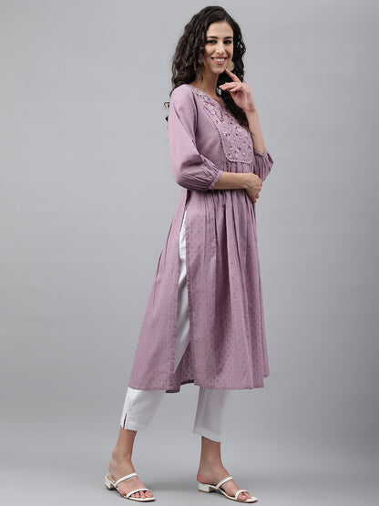 Janasya Women's Lavender Dobby Cotton Solid Casual Gathered Kurta - Distacart