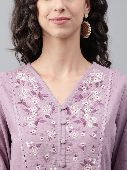 Janasya Women's Lavender Dobby Cotton Solid Casual Gathered Kurta - Distacart