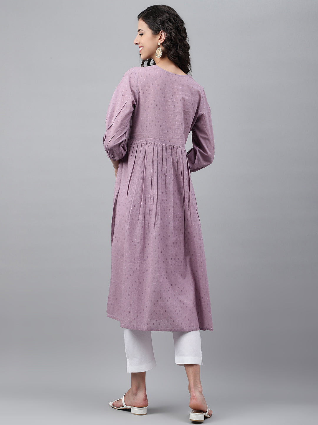 Janasya Women's Lavender Dobby Cotton Solid Casual Gathered Kurta - Distacart
