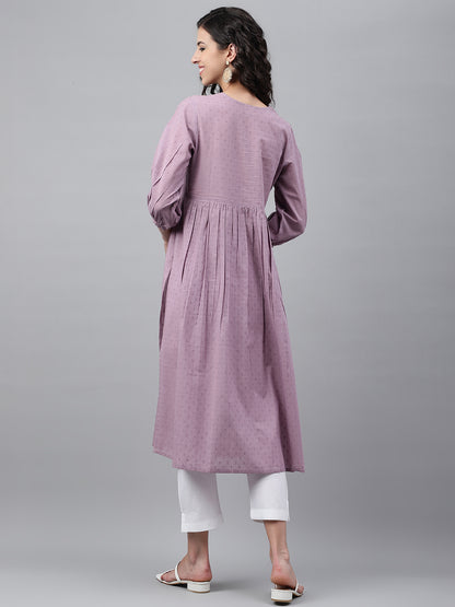 Janasya Women's Lavender Dobby Cotton Solid Casual Gathered Kurta - Distacart