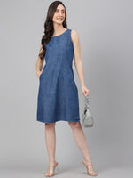 Thumbnail for Janasya Women's Blue Denim Solid Straight Western Dress - Distacart