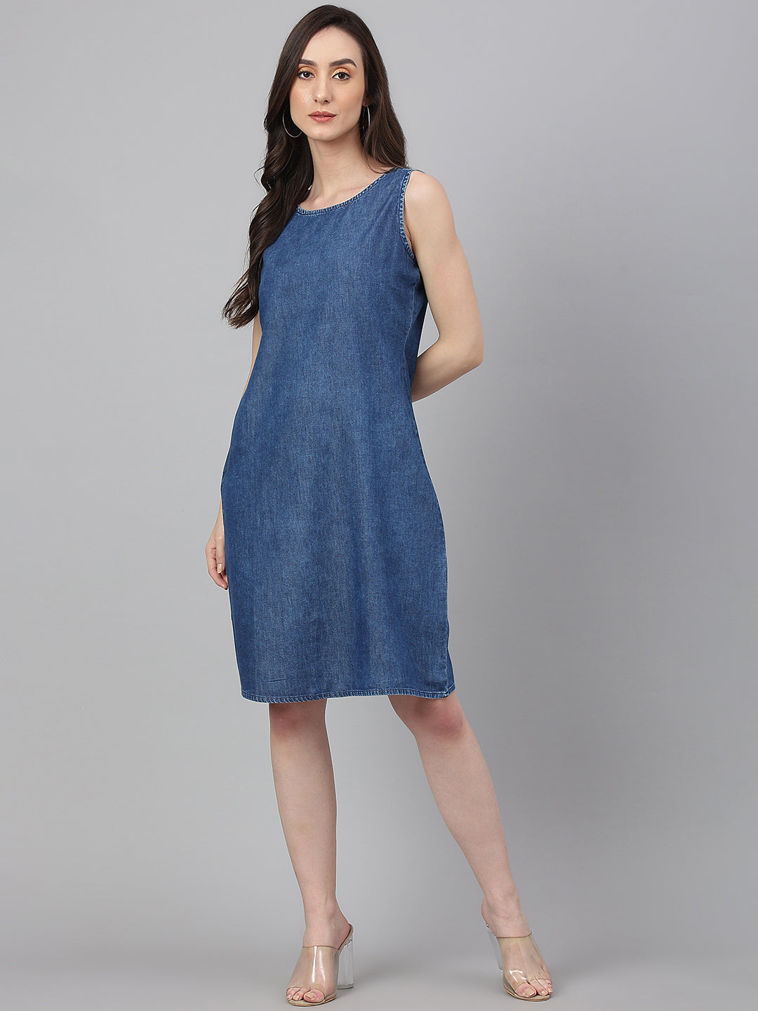 Janasya Women's Blue Denim Solid Straight Western Dress - Distacart