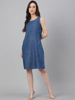 Thumbnail for Janasya Women's Blue Denim Solid Straight Western Dress - Distacart