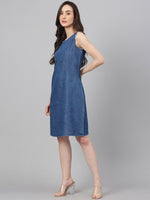 Thumbnail for Janasya Women's Blue Denim Solid Straight Western Dress - Distacart