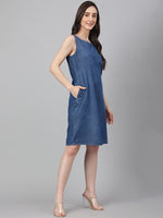 Thumbnail for Janasya Women's Blue Denim Solid Straight Western Dress - Distacart