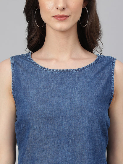 Janasya Women's Blue Denim Solid Straight Western Dress - Distacart