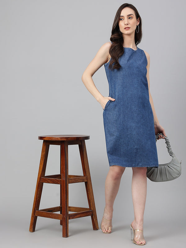 Janasya Women's Blue Denim Solid Straight Western Dress - Distacart