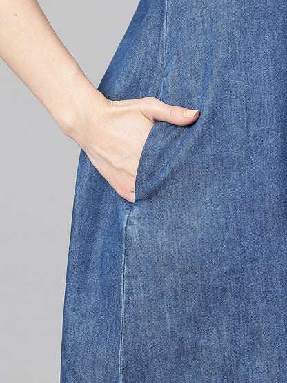 Janasya Women's Blue Denim Solid Straight Western Dress - Distacart