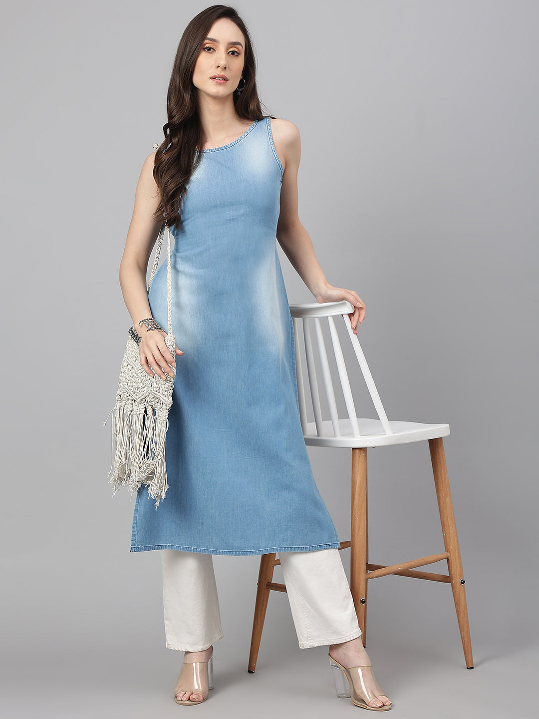 Janasya Women's Light Blue Denim Solid Casual Straight Kurta - Distacart