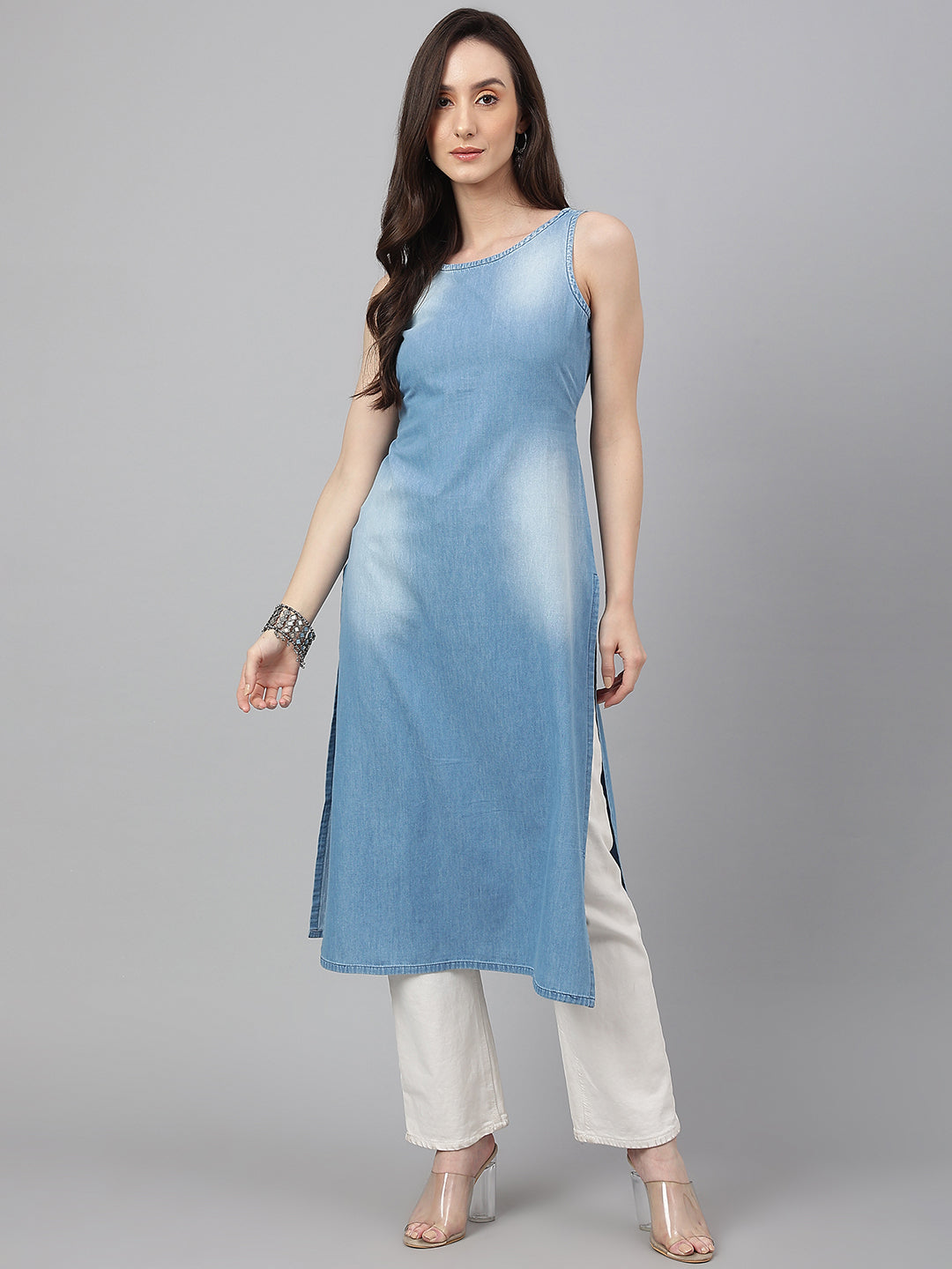 Janasya Women's Light Blue Denim Solid Casual Straight Kurta - Distacart